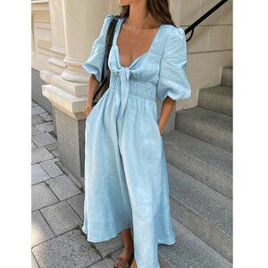 COMMENSE Linen Cotton Front Tie Midi Dress in Blue Size Small NWT